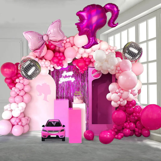 128 Pcs Pink Rose Red Silver Disco Bow Aluminum Die Balloon Garland Arch Kit Girls Birthday Baby Shower Wedding Party Decoration